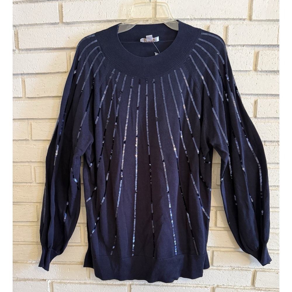 Jingle Belles by Kim Gravel Star Burst Sequin Glam Mock Neck Sweater Blue Lg New